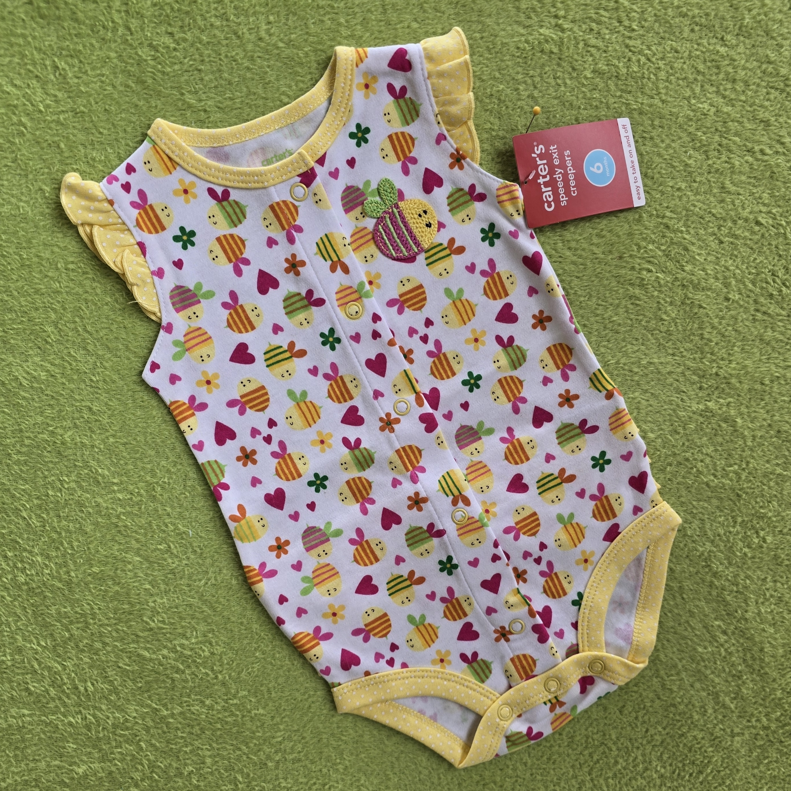 Nwt 9-12m Baby Girl Creeper Romper Colorful Bee + Heart + Ruffles On Bum (Q2)